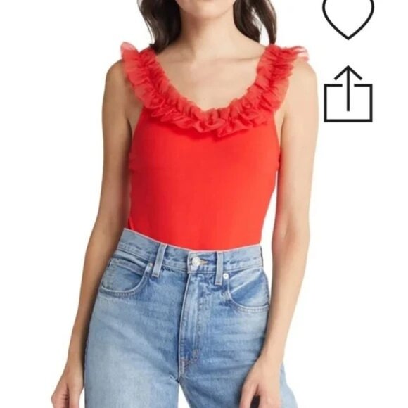 & Other Stories NWT Organza Red Ruffle Bodysuit Size Large - Picture 1 of 7